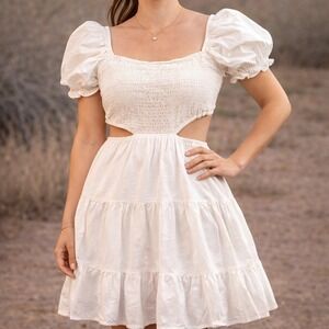 Et CLet Mini Dress Women S White Smocked Cutout Puff Sleeve Tiered Boho Festival